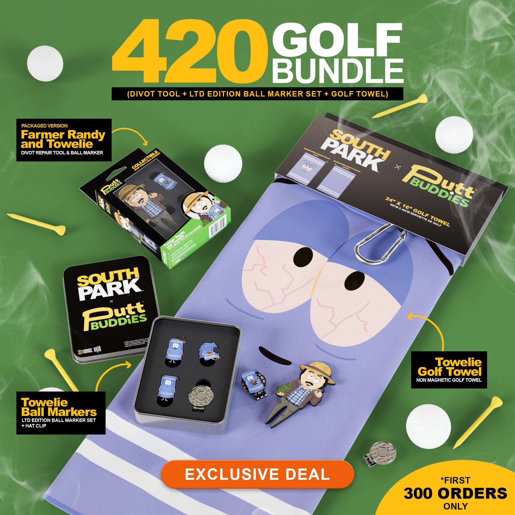 South Park 4/20 Bundle (Farmer Randy Divot Tool + LTD Towelie Ball Marker Set + Towelie Golf Towel)
